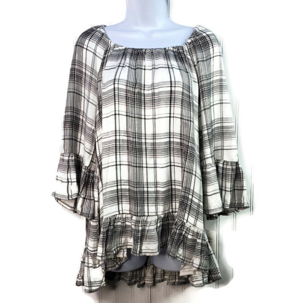 Style & Co Shimmer Tartan Plaid Ruffle Gray Top